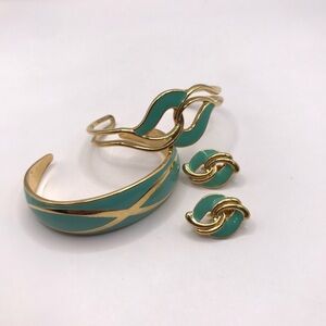 Gold-tone and teal enamel cuff bracelets and clip on earring bundle